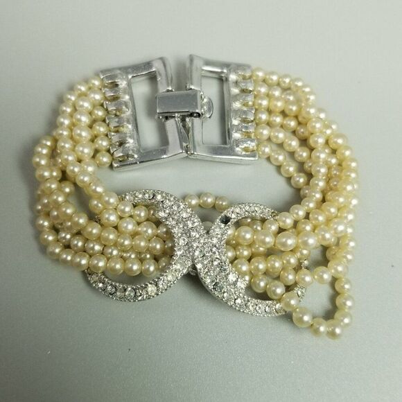 Vintage Six Strand Faux Pearl and Rhinestone Clasp Bracelet, Retro Fancy Formal - Picture 7 of 10
